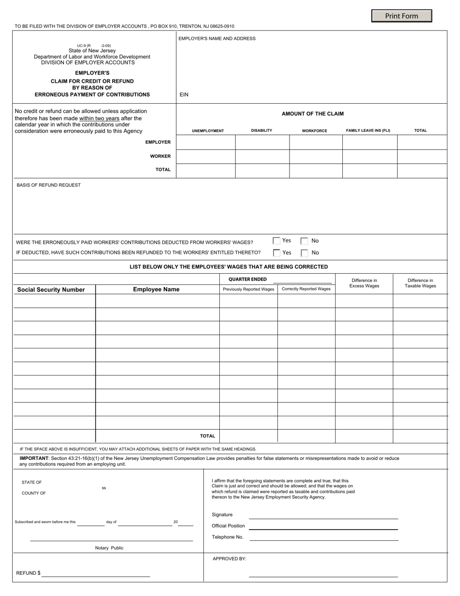 Form UC-9 Employers Claim for Credit or Refund by Reason of Erroneous Payment of Contributions - New Jersey, Page 1