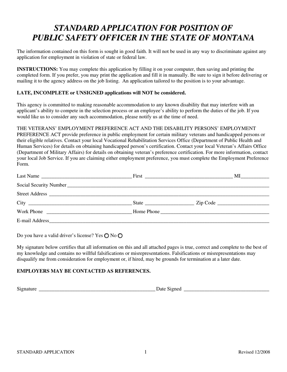 Standard Application for Position of Public Safety Officer in Montana - Montana, Page 1
