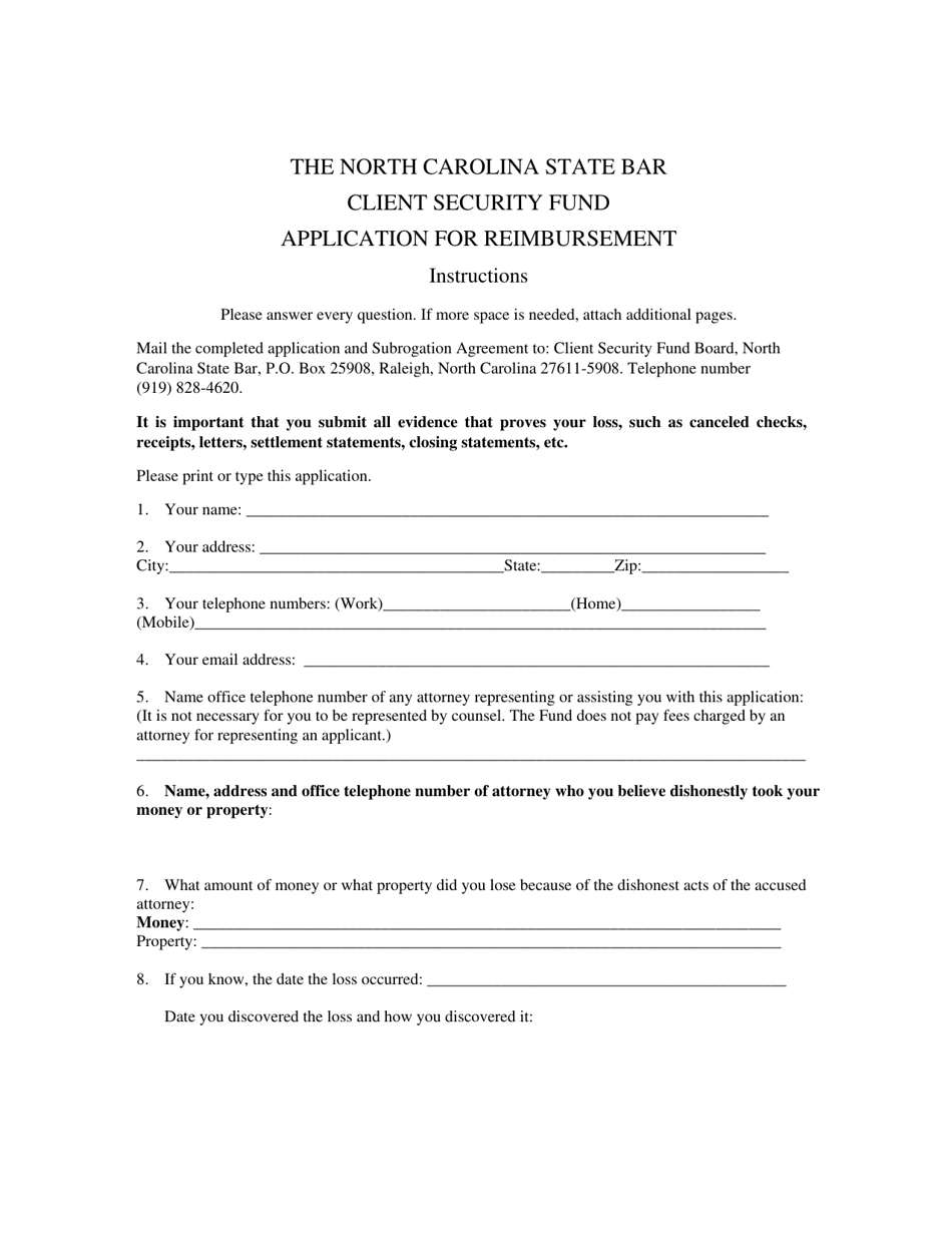 Client Security Fund Application for Reimbursement - North Carolina, Page 1