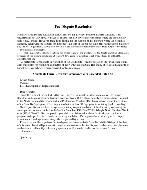 Fee Dispute Resolution - Acceptable Form Letter for Compliance With Amended Rule 1.5(F) - North Carolina Download Pdf