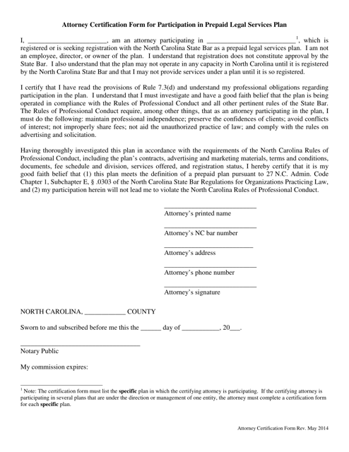 Attorney Certification Form for Participation in Prepaid Legal Services Plan - North Carolina Download Pdf