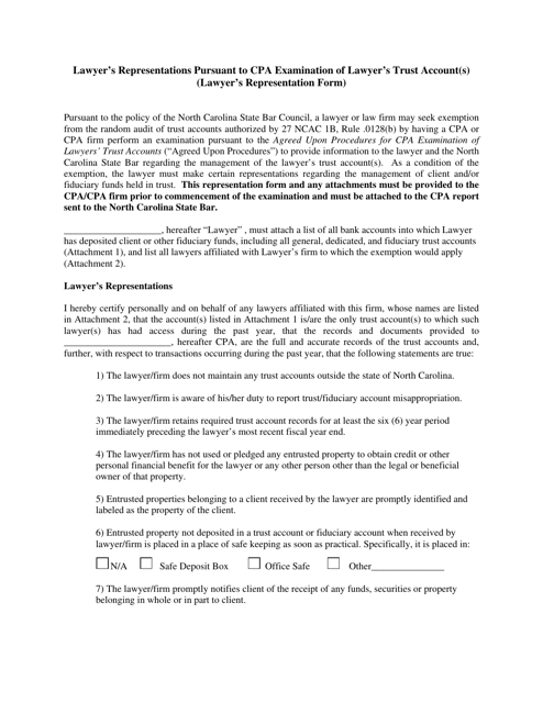 Lawyer's Representations Pursuant to CPA Examination of Lawyer's Trust Account(S) (Lawyer's Representation Form) - North Carolina Download Pdf