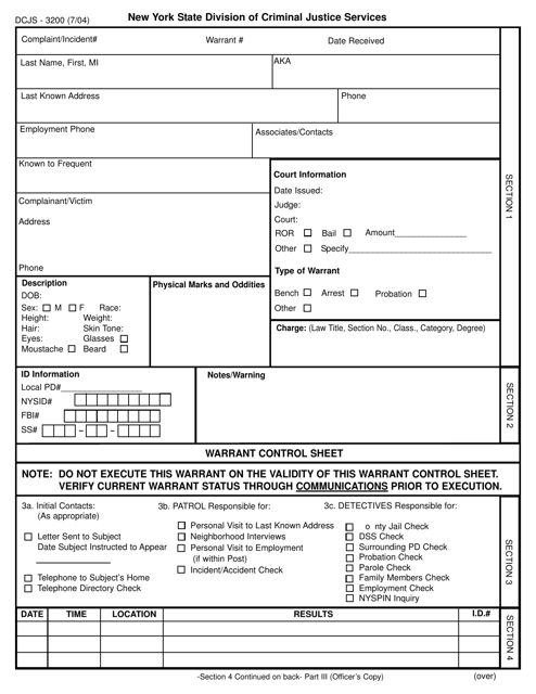 Form DCJS-3200 Warrant Control Sheet - New York