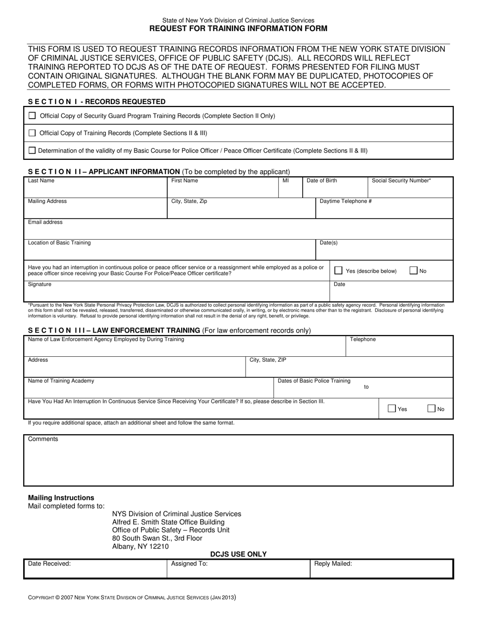 Request for Training Information Form - New York, Page 1