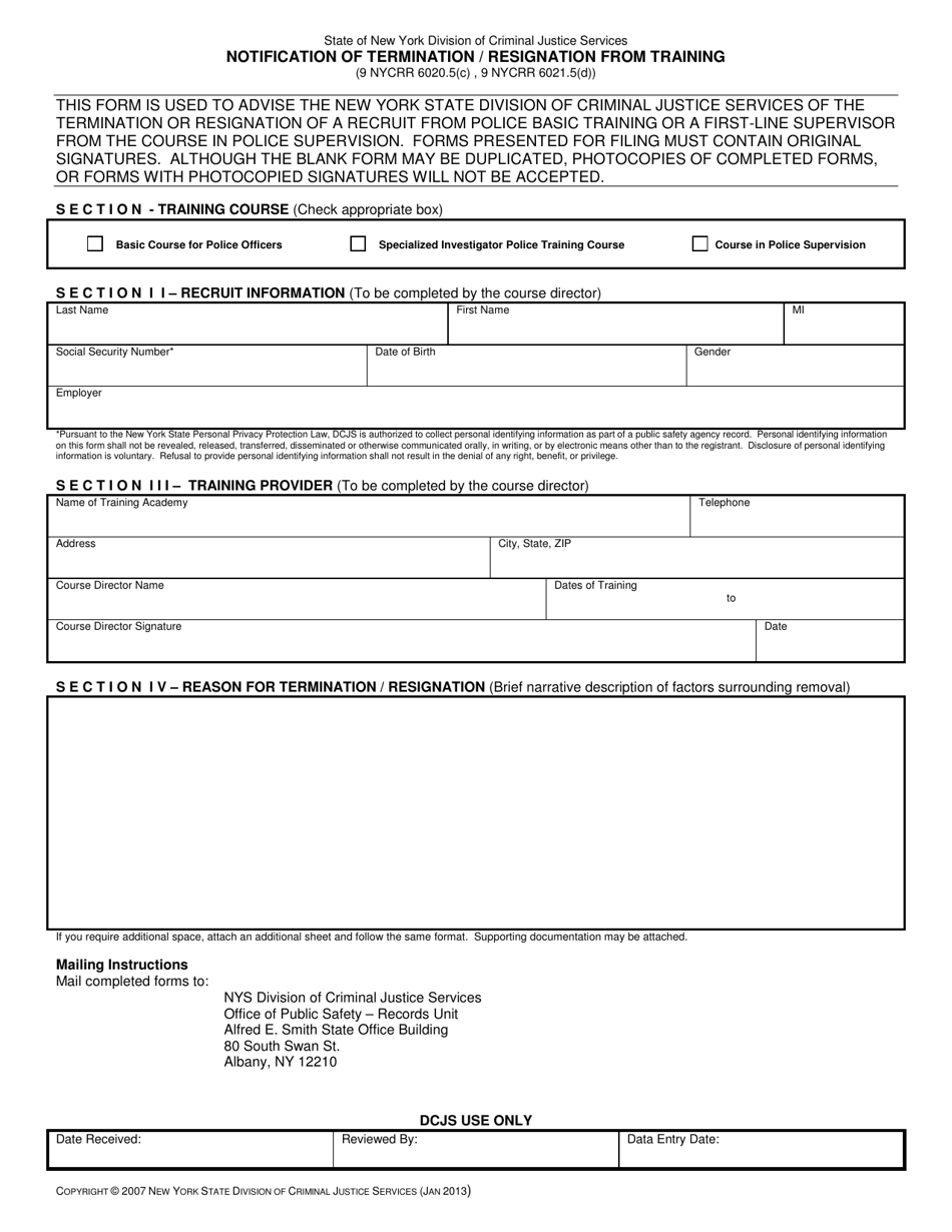 Notification of Termination / Resignation From Training - New York, Page 1