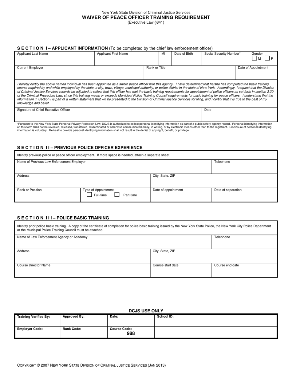 New York Waiver of Peace Officer Training Requirement - Fill Out, Sign ...