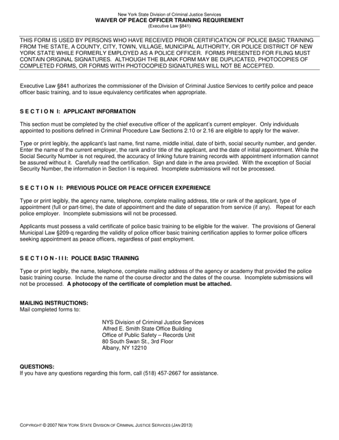 Waiver of Peace Officer Training Requirement - New York Download Pdf