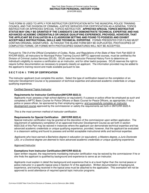 Instructor Personal History Form - New York Download Pdf