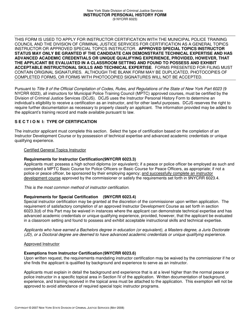 Instructor Personal History Form - New York, Page 1