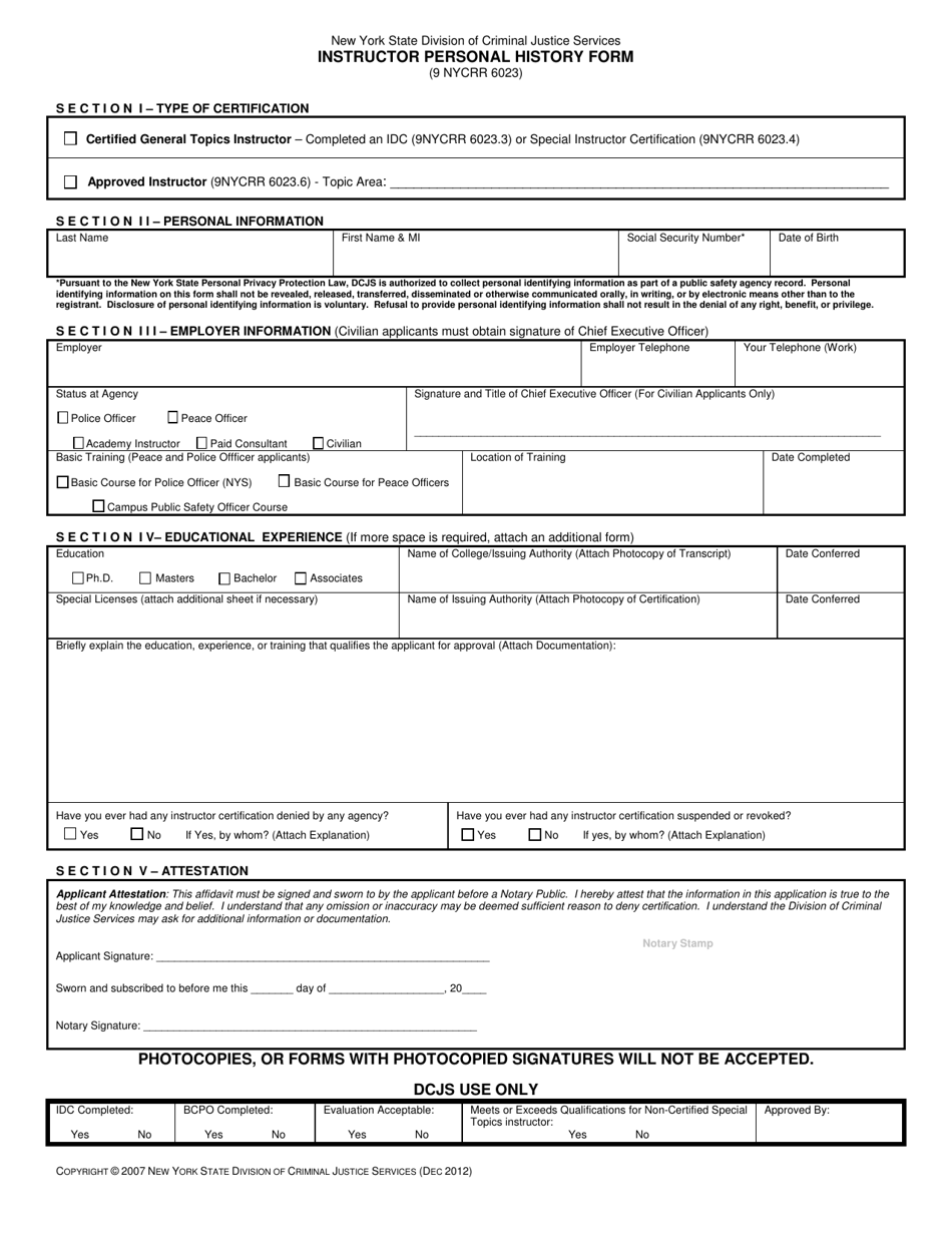 Instructor Personal History Form - New York, Page 3