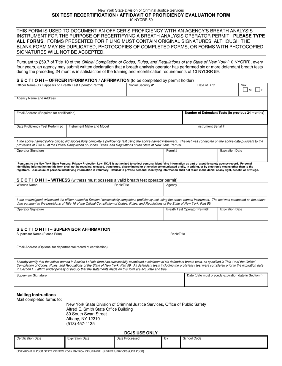 Six Test Recertification / Affidavit of Proficiency Evaluation Form - New York, Page 1