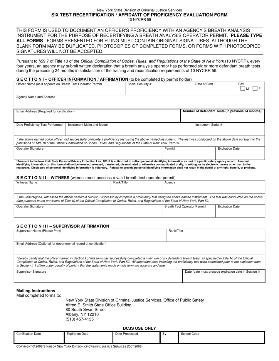 New York Six Test Recertification/Affidavit of Proficiency Evaluation ...