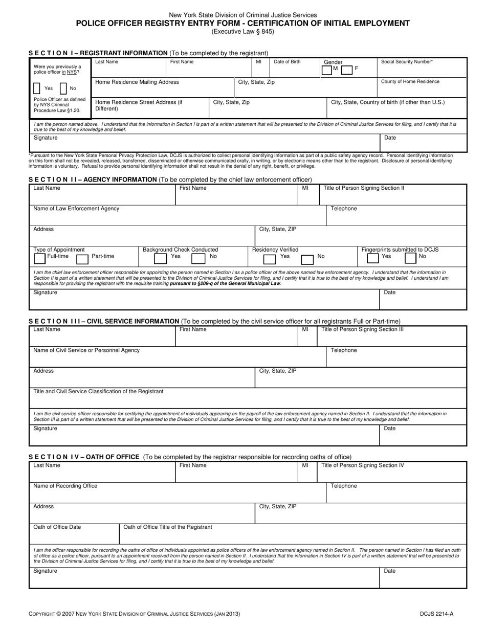 Form DCJS2214A Fill Out, Sign Online and Download Fillable PDF, New