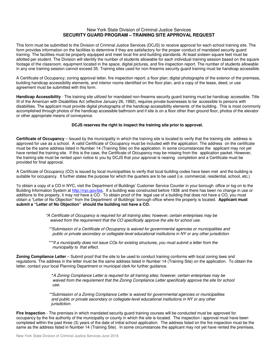 Security Guard Program - Training Site Approval Request - New York, Page 1