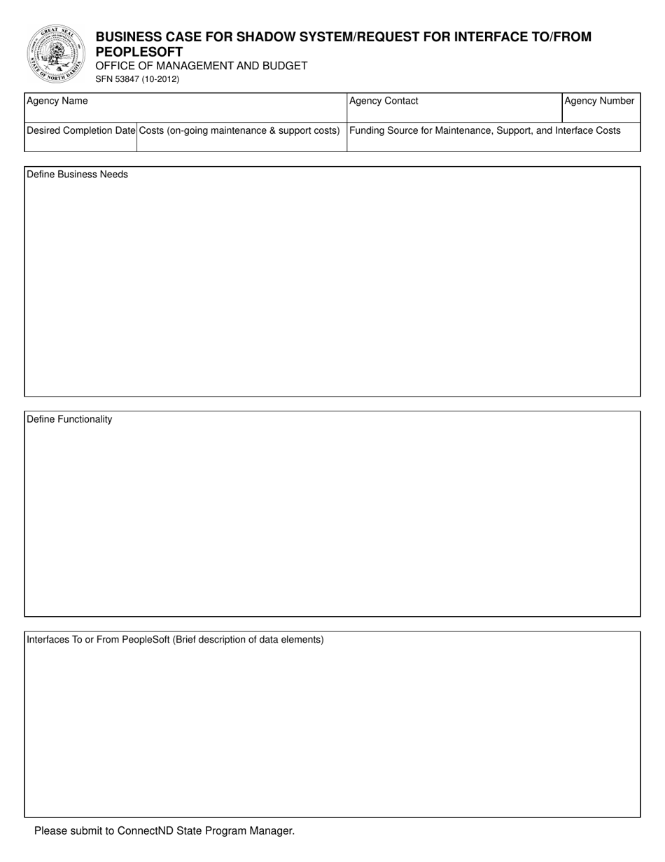 Form SFN53847 Business Case for Shadow System / Request for Interface to / From Peoplesoft - North Dakota, Page 1