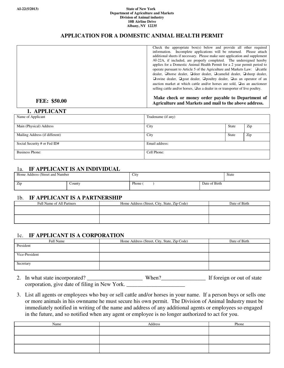 Form AI-22 Application for a Domestic Animal Health Permit - New York, Page 1