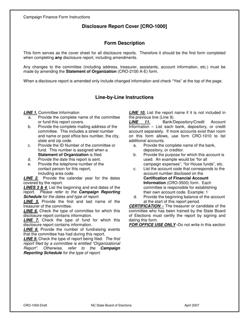 Instructions for Form CRO-1000 Disclosure Report Cover - North Carolina