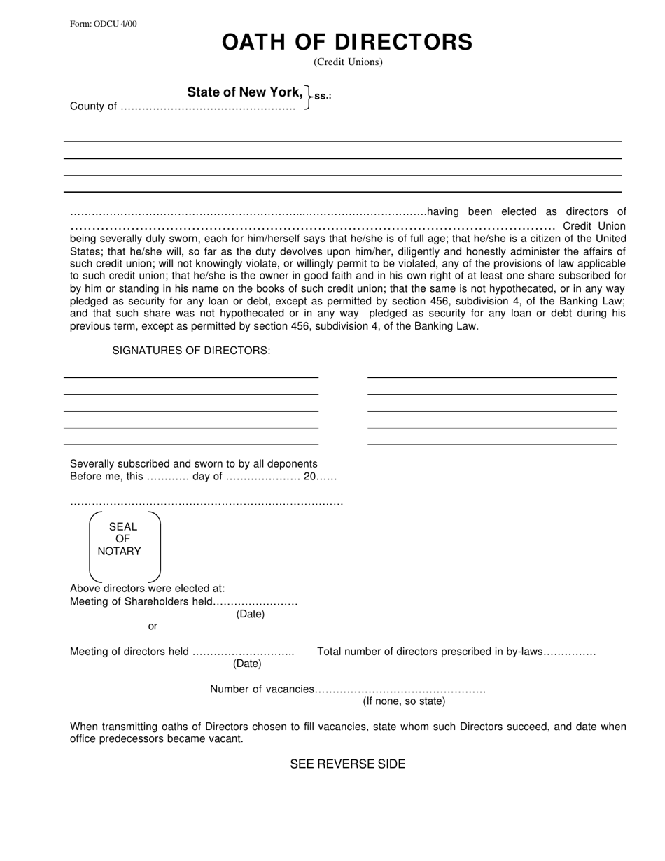 Form ODCU Oath of Directors (Credit Unions) - New York, Page 1