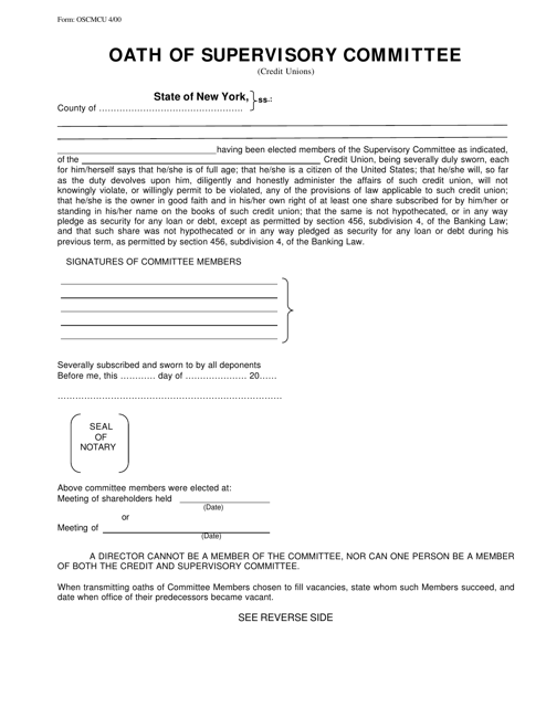 Form OSCMCU Oath of Supervisory Committee (Credit Unions) - New York