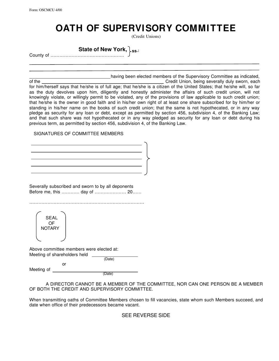 Form OSCMCU Oath of Supervisory Committee (Credit Unions) - New York, Page 1