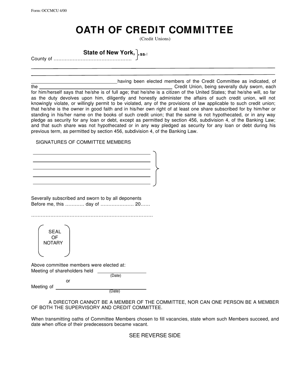 Form OCCMCU Oath of Credit Committee (Credit Unions) - New York, Page 1