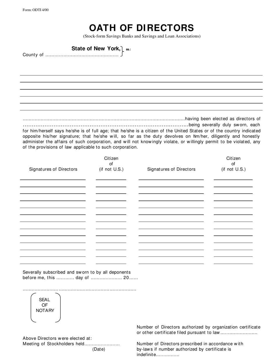 Form ODTI Oath of Directors (Stock-Form Savings Banks and Savings and Loan Associations) - New York, Page 1