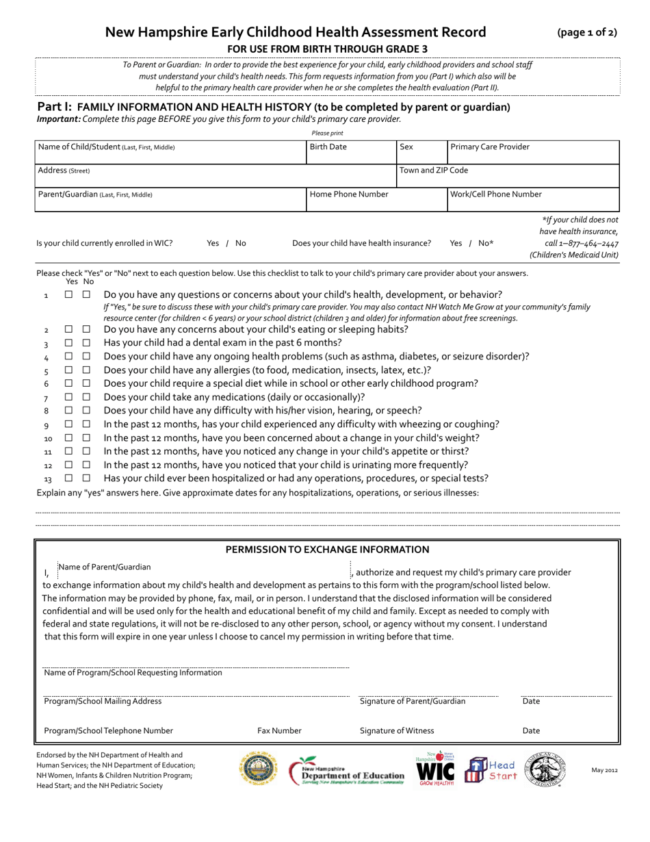 New Hampshire New Hampshire Early Childhood Health Assessment Form