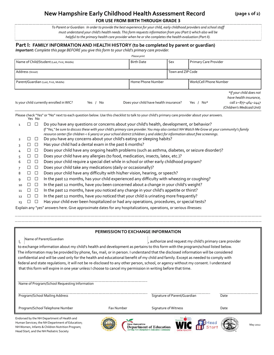 New Hampshire Early Childhood Health Assessment Form - New Hampshire, Page 1