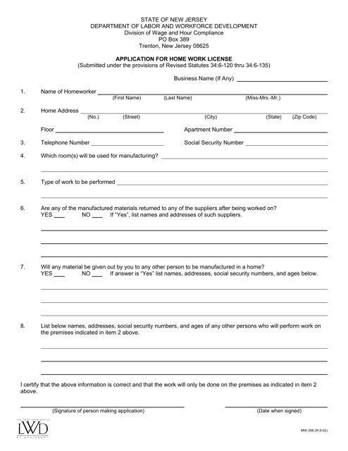 Form MW-356 Application for Home Work License - New Jersey