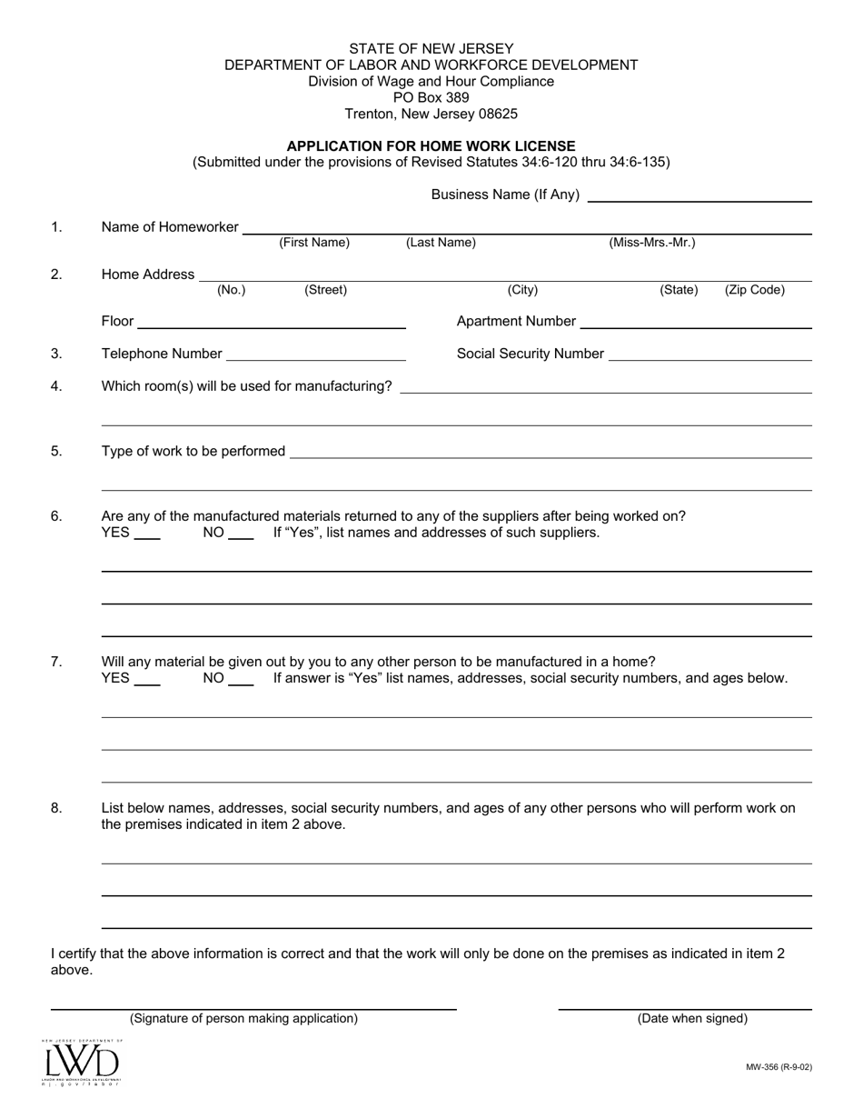 Form MW-356 Download Printable PDF or Fill Online Application for Home ...