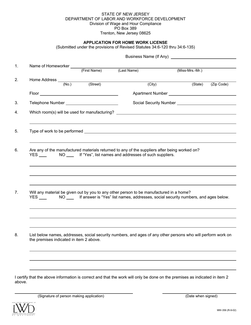 Form MW-356 Application for Home Work License - New Jersey, Page 1