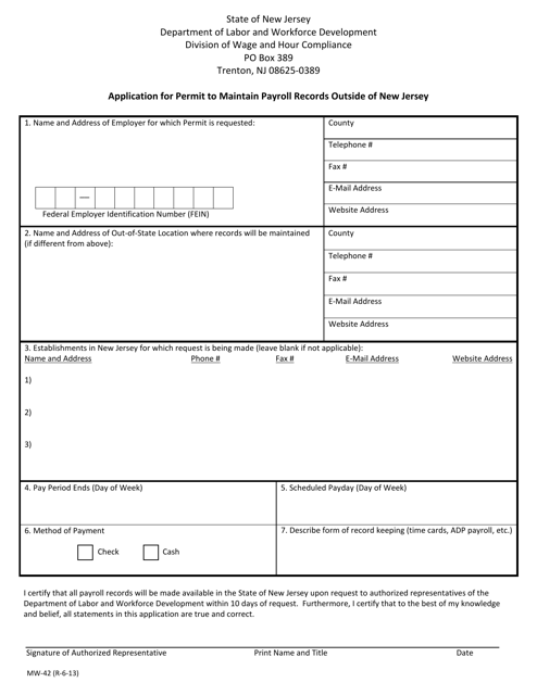 Form MW-42 Application for Permit to Maintain Payroll Records Outside of New Jersey - New Jersey