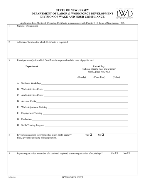 Form MW-244 Application for a Sheltered Workshop Certificate - New Jersey