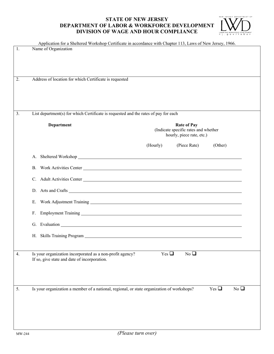 Form MW-244 Application for a Sheltered Workshop Certificate - New Jersey, Page 1