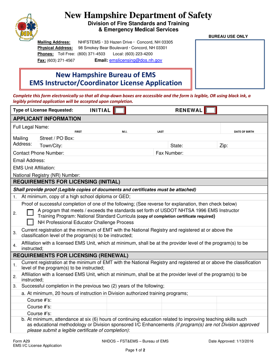 Form A29 EMS Instructor / Coordinator License Application - New Hampshire, Page 1