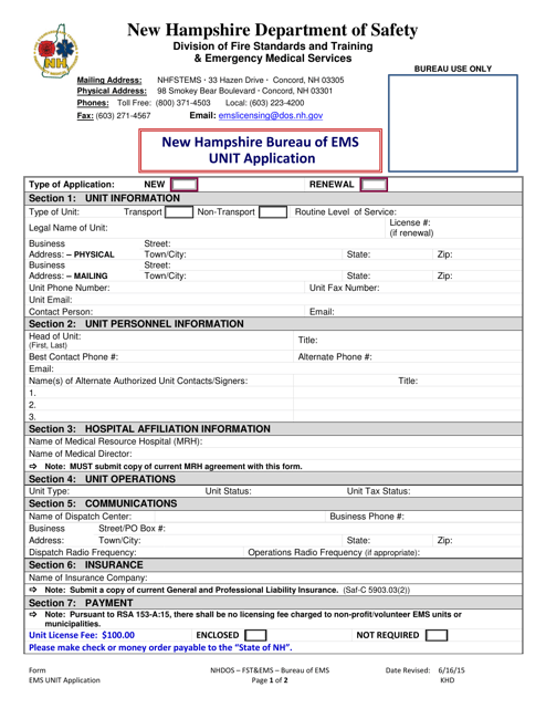 EMS Unit Application - New Hampshire Download Pdf