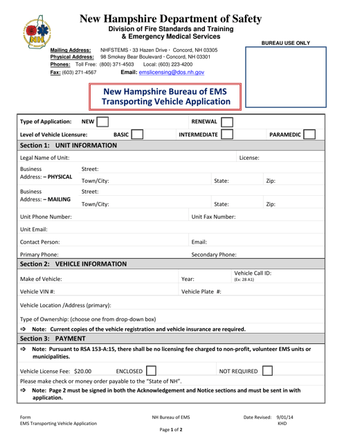 Transporting Vehicle Application - New Hampshire