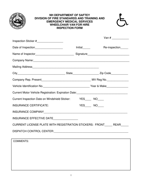 EMS Wheelchair Van for Hire Inspection Form - New Hampshire Download Pdf