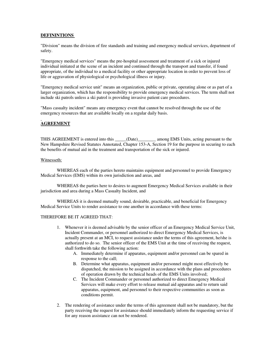 Sample EMS Unit Mutual Aid Agreement - New Hampshire, Page 1
