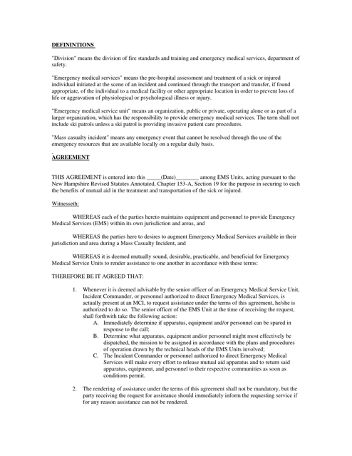 Sample EMS Unit Mutual Aid Agreement - New Hampshire Download Pdf