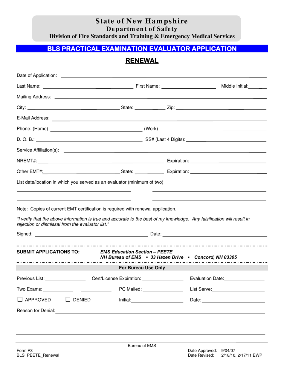 Form P3 Bls Practical Examination Evaluator Application Renewal - New Hampshire, Page 1