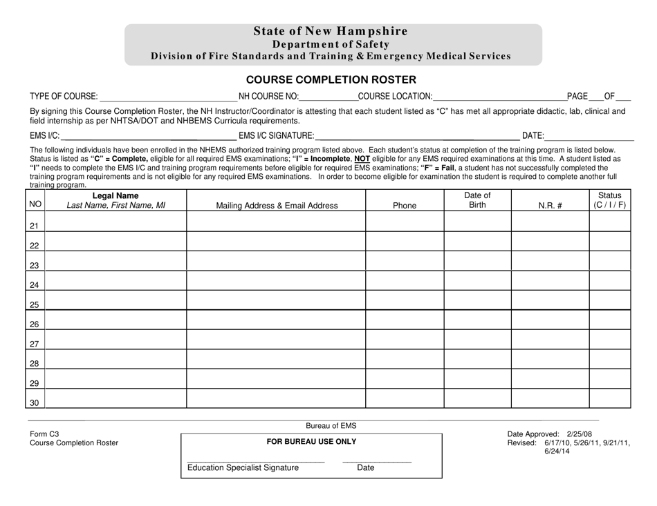 Form C3 Course Completion Roster - New Hampshire, Page 3