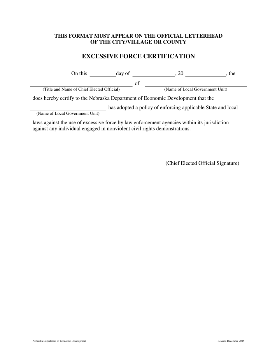 Excessive Force Certification - Nebraska, Page 1