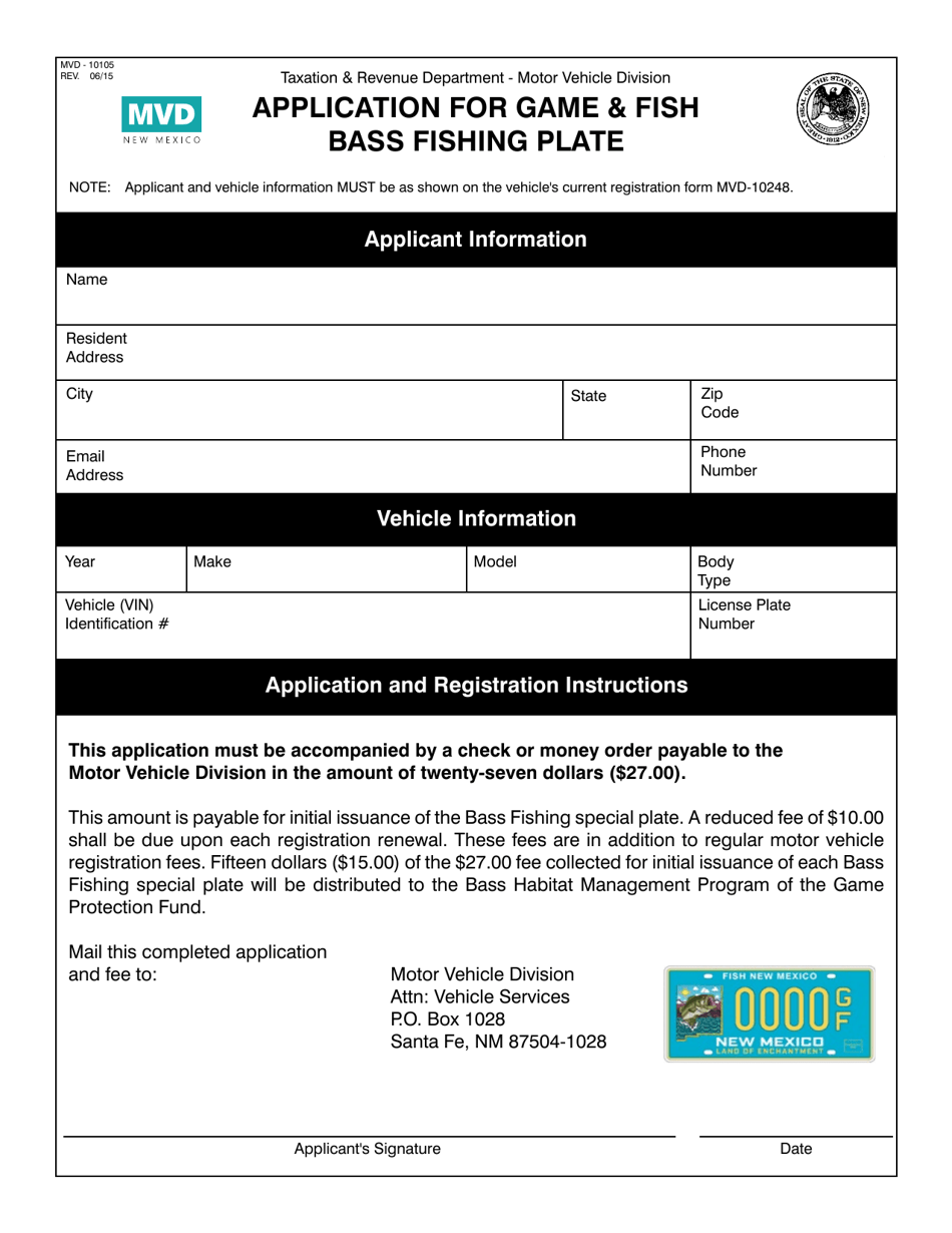 Form MVD-10105 Application for Game  Fish Bass Fishing Plate - New Mexico, Page 1