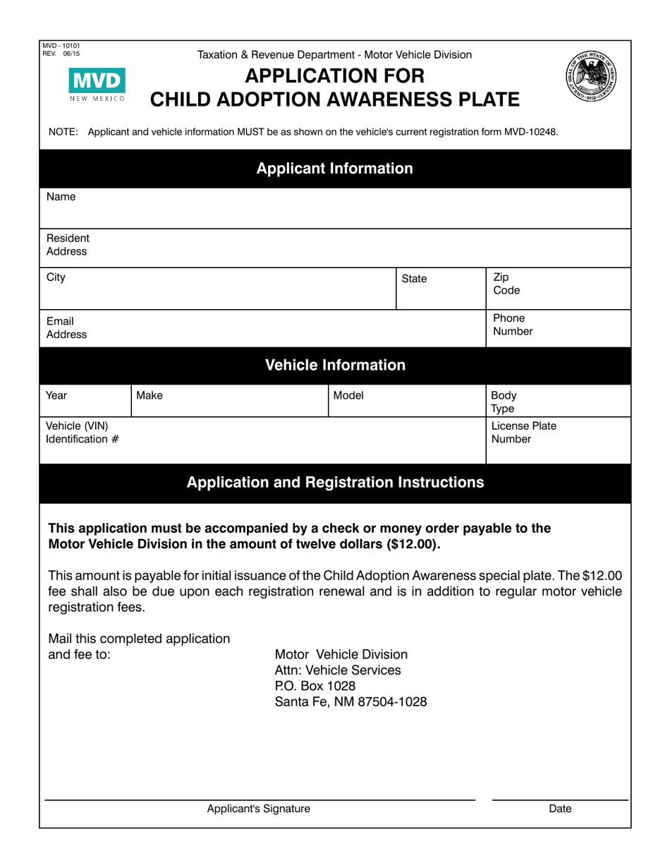 Form MVD-10101 Application for Child Adoption Awareness Plate - New Mexico, Page 1