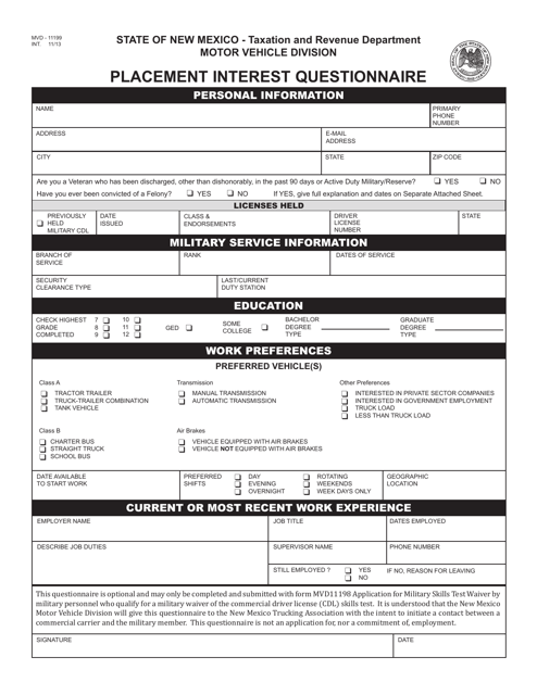 Form MVD-11199 Placement Interest Questionnaire - New Mexico