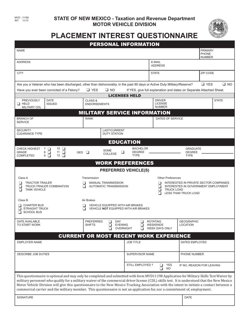 Form MVD-11199 Placement Interest Questionnaire - New Mexico, Page 1