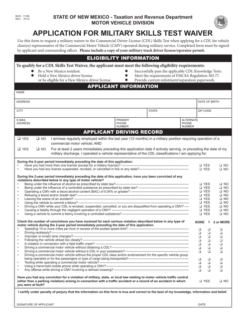 Form MVD-11198 Application for Military Skills Test Waiver - New Mexico
