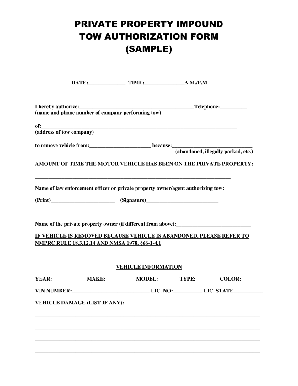 Private Property Impound Tow Authorization Form - New Mexico, Page 1