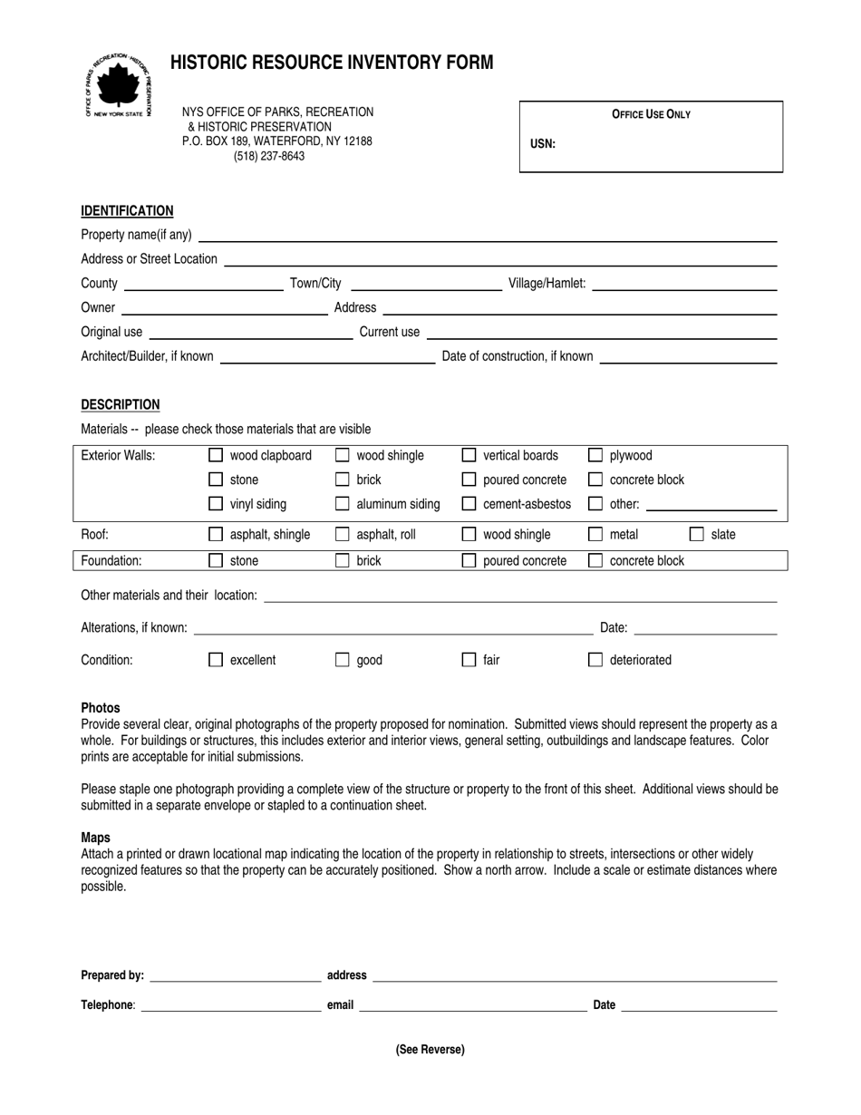 Historic Resource Inventory Form - New York, Page 1